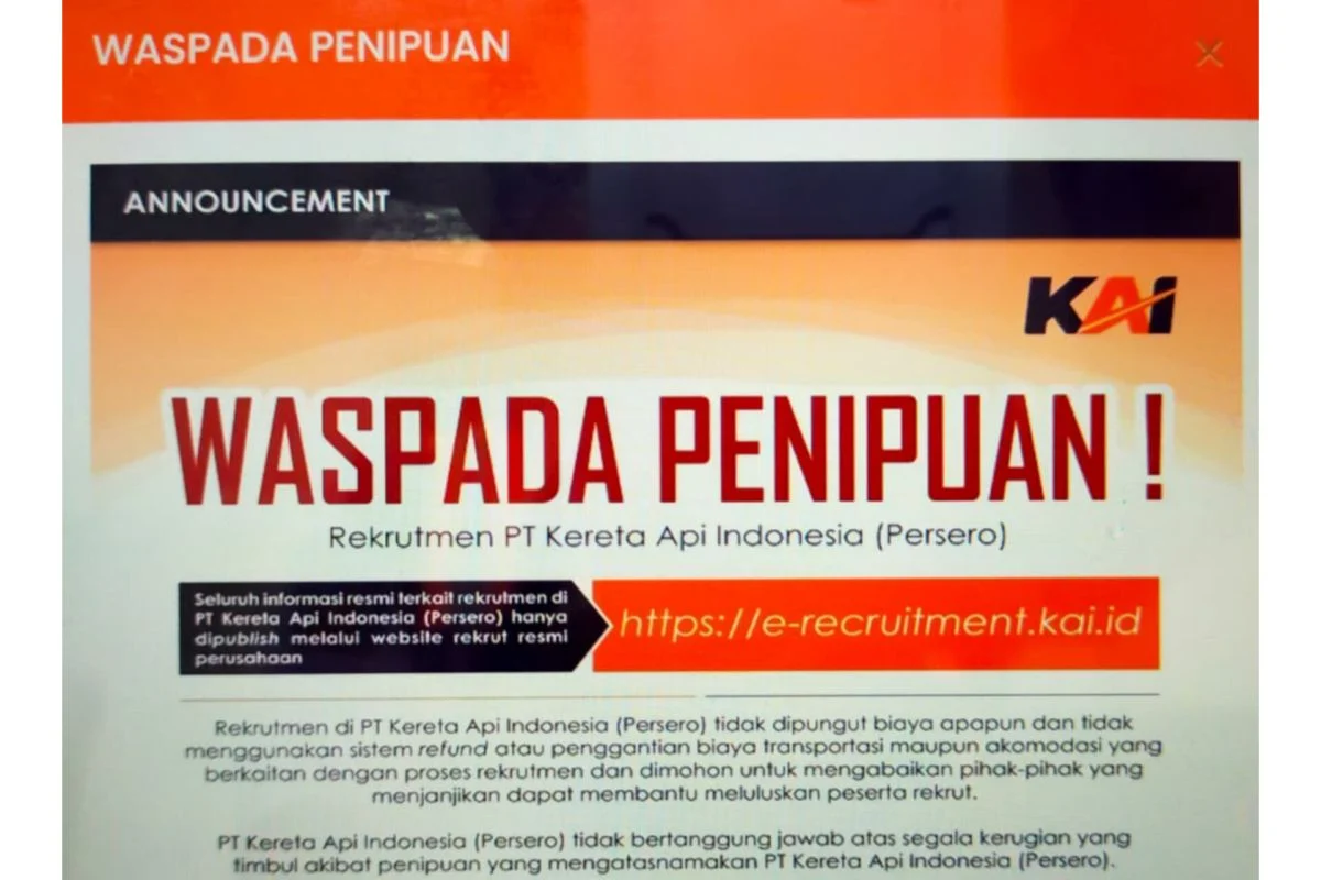 Waspadai Penipuan Rekrutmen Palsu KAI lewat Media Sosial