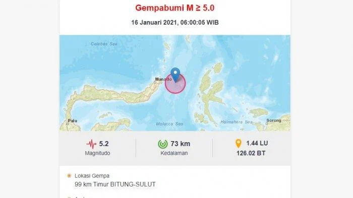 Gempa M5,8 Guncang Bitung, Sulawesi Utara Pagi Ini; Tidak Berpotensi Tsunami