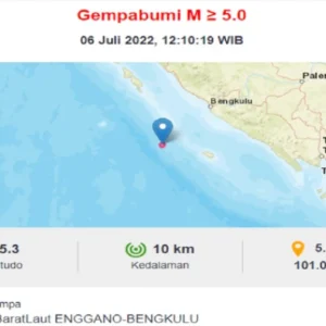 Gempa Magnitudo 5,3 Guncang Bengkulu Selatan
