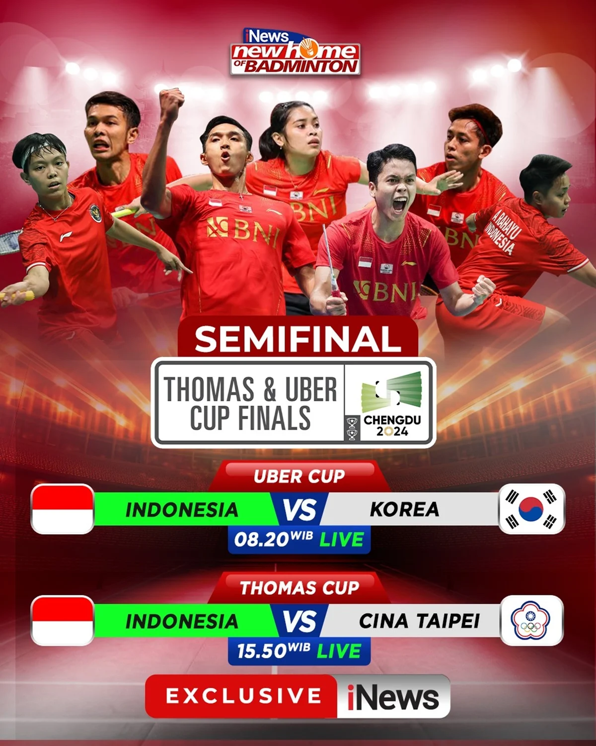 Jadwal Semifinal Piala Uber 2026: Indonesia vs Korea dan China vs Jepang