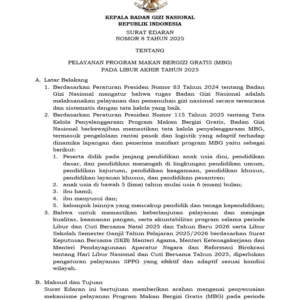 BGN Terbitkan SE Nomor 12 Tahun 2026, Layanan MBG Dihentikan Sementara Saat Hari Libur