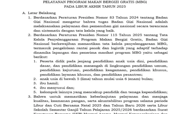 BGN Terbitkan SE Nomor 12 Tahun 2026, Layanan MBG Dihentikan Sementara Saat Hari Libur BGN Terbitkan SE Nomor 12 Tahun 2026, Layanan MBG Dihentikan Sementara Saat Hari Libur