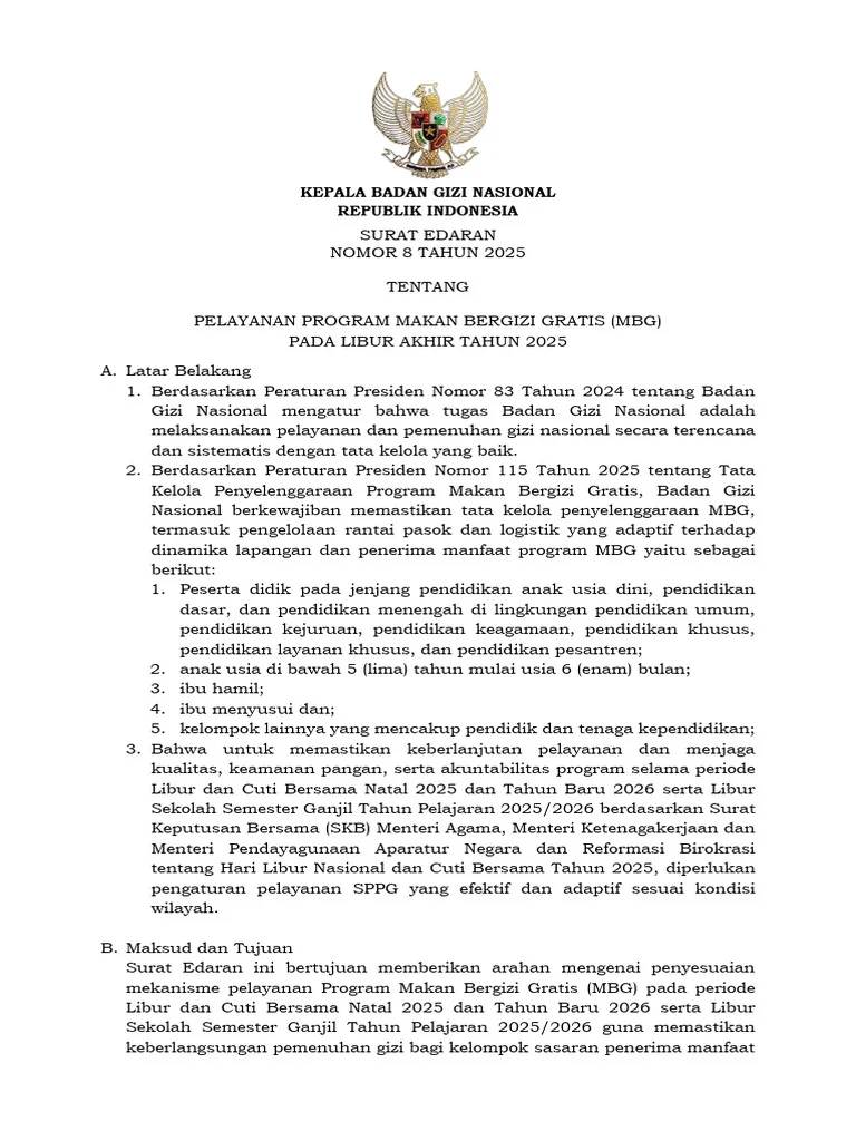 BGN Terbitkan SE Nomor 12 Tahun 2026, Layanan MBG Dihentikan Sementara Saat Hari Libur
