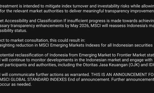MSCI Pertimbangkan Turunkan Status Pasar Indonesia ke Frontier Markets