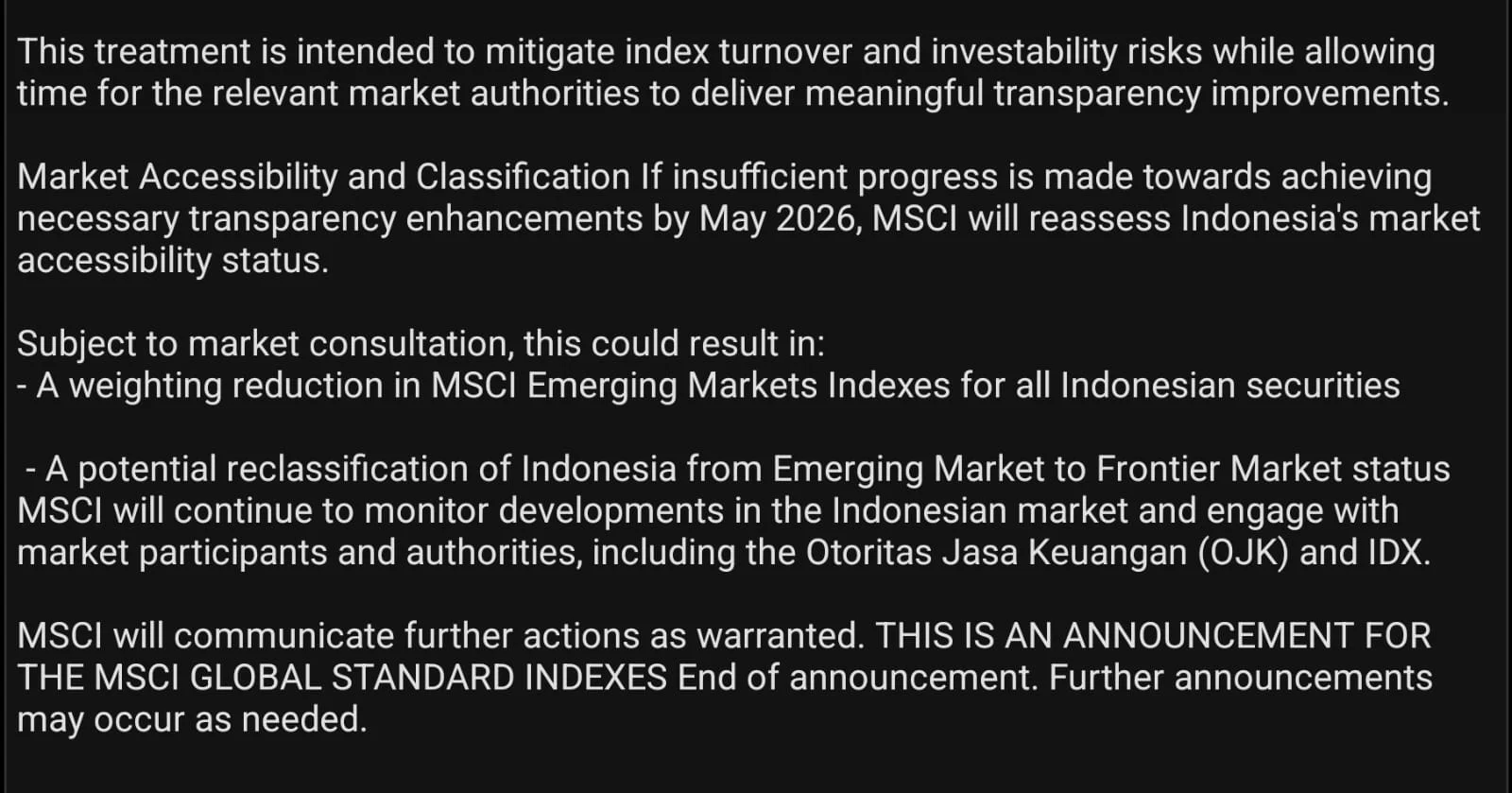 MSCI Pertimbangkan Turunkan Status Pasar Indonesia ke Frontier Markets